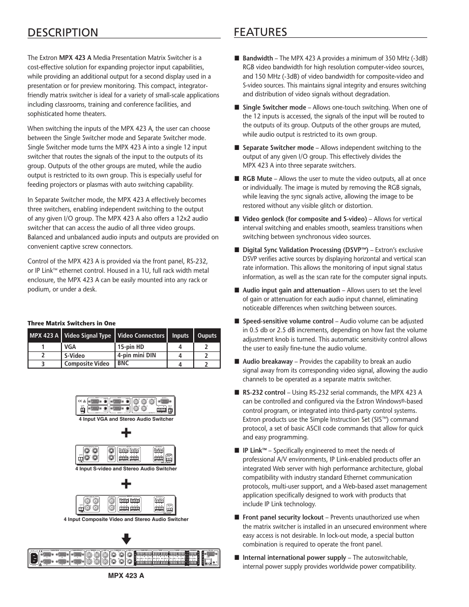 Features description, 5a max 12v power, Tx rx | Power, Three matrix switchers in one | Extron electronic MPX 423 A User Manual | Page 2 / 4