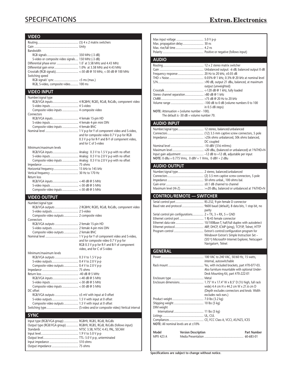 Specifications | Extron electronic MPX 423 A User Manual | Page 3 / 4