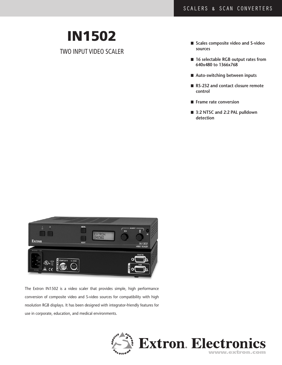 Extron electronic Two InpuT VIdeo Scaler IN1502 User Manual | 2 pages