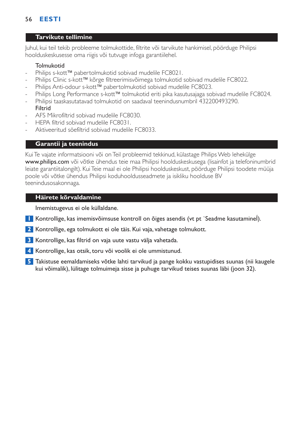 Philips FC9015 User Manual | Page 56 / 92