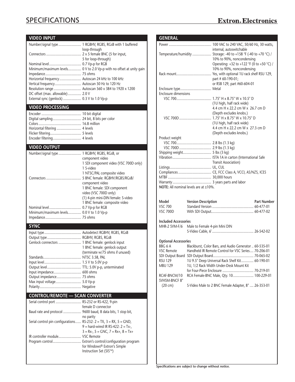Specifications | Extron electronic Scan Converter VSC 700D User Manual | Page 3 / 4