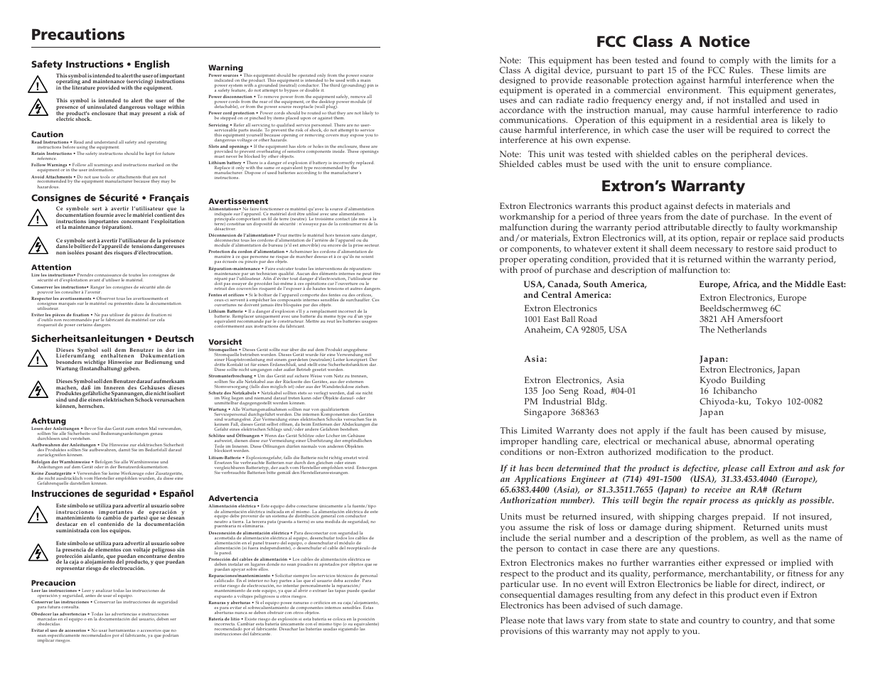 Precautions, Extron’s warranty, Fcc class a notice | Instrucciones de seguridad • español | Extron electronic MIX 301 User Manual | Page 2 / 8