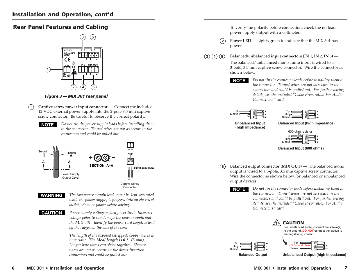 Installation and operation, cont’d, Rear panel features and cabling, Caution | Extron electronic MIX 301 User Manual | Page 6 / 8