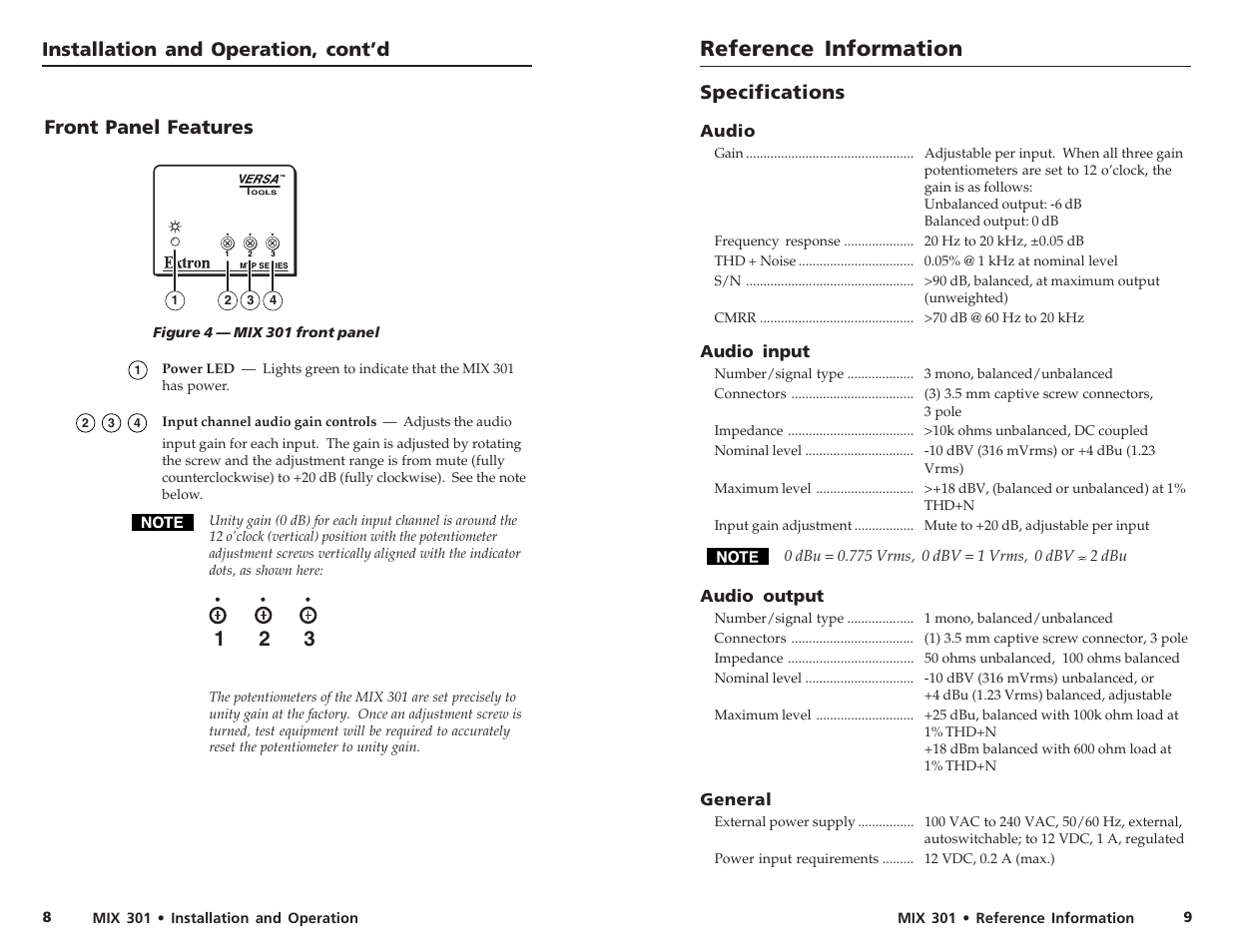 Reference information, Installation and operation, cont’d, Specifications | Front panel features | Extron electronic MIX 301 User Manual | Page 7 / 8