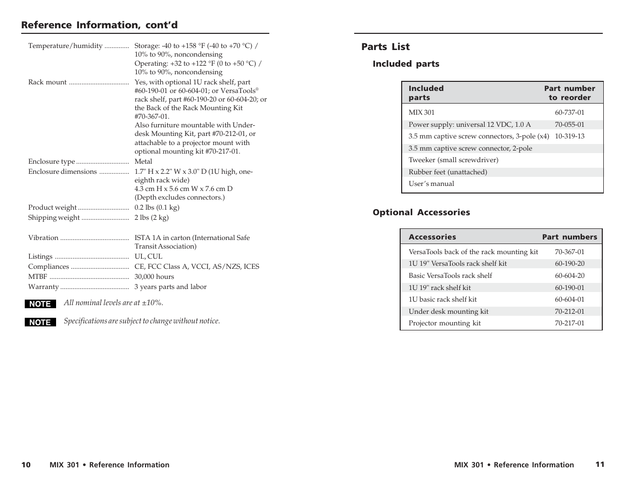 Reference information, cont’d, Parts list | Extron electronic MIX 301 User Manual | Page 8 / 8