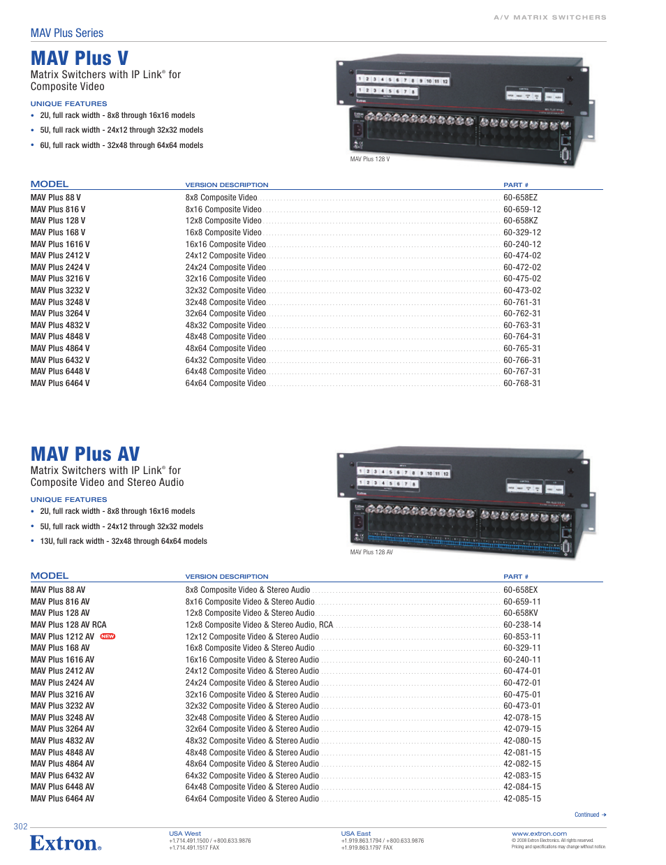 Mav plus v, Mav plus av, Mav plus series | Matrix switchers with ip link, For composite video, For composite video and stereo audio | Extron electronic MAV Plus Series User Manual | Page 3 / 8