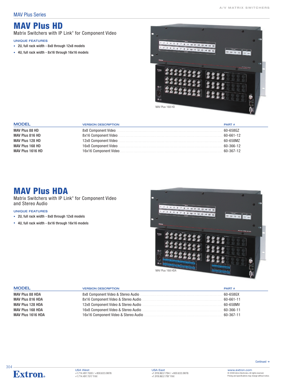 Mav plus hd, Mav plus hda, Mav plus series | Matrix switchers with ip link, For component video, For component video and stereo audio | Extron electronic MAV Plus Series User Manual | Page 5 / 8