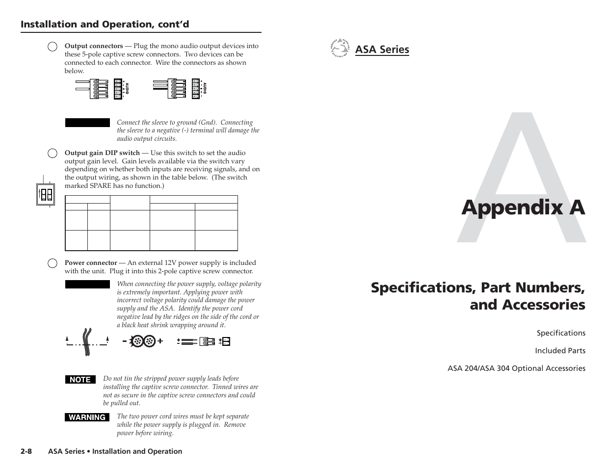 Appendix a, Specifications, part numbers, and accessories, Asa series | Extron Electronics ASA Series User Manual | Page 10 / 13