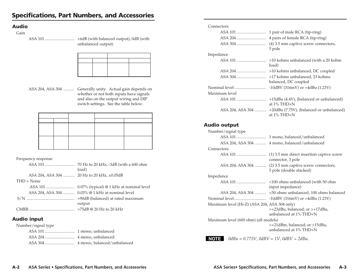 Specifications, part numbers, and accessories, Audio, Audio input | Audio output | Extron Electronics ASA Series User Manual | Page 11 / 13