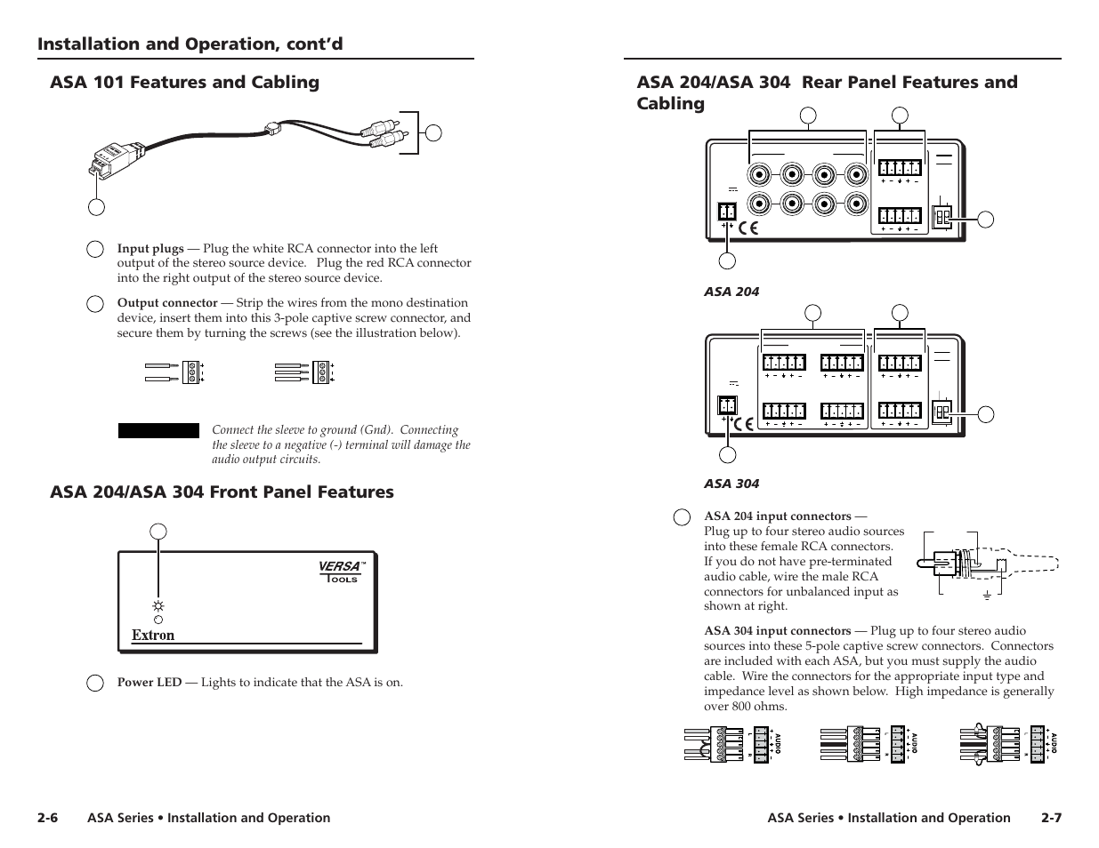 Installation and operation, cont’d, Asa 101 features and cabling, Caution | Asa series • installation and operation, Asa 204, Asa 304 | Extron Electronics ASA Series User Manual | Page 9 / 13