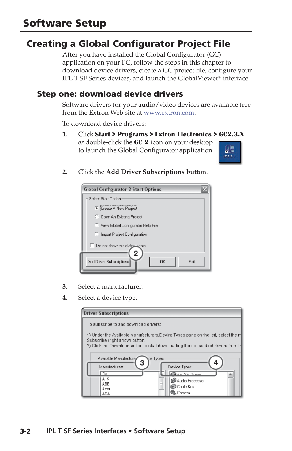 Creating a global configurator project file, Step one: download device drivers, Step one: download device drivers -2 | Software setup | Extron Electronics IPL T SF Series User Manual | Page 22 / 51