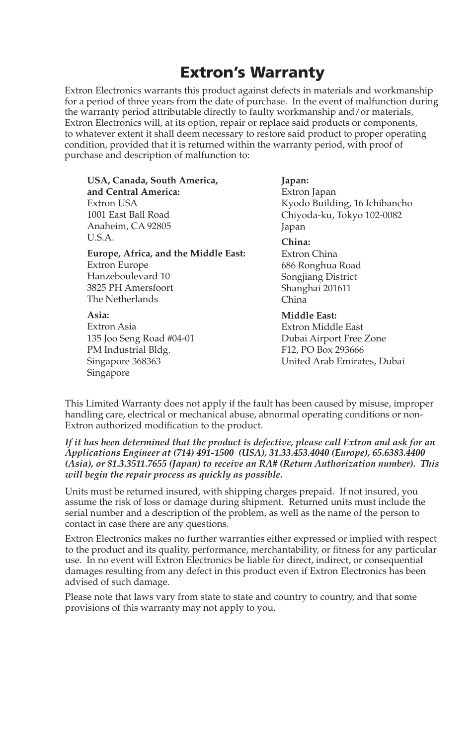 Extron’s warranty | Extron Electronics IPL T SF Series User Manual | Page 50 / 51