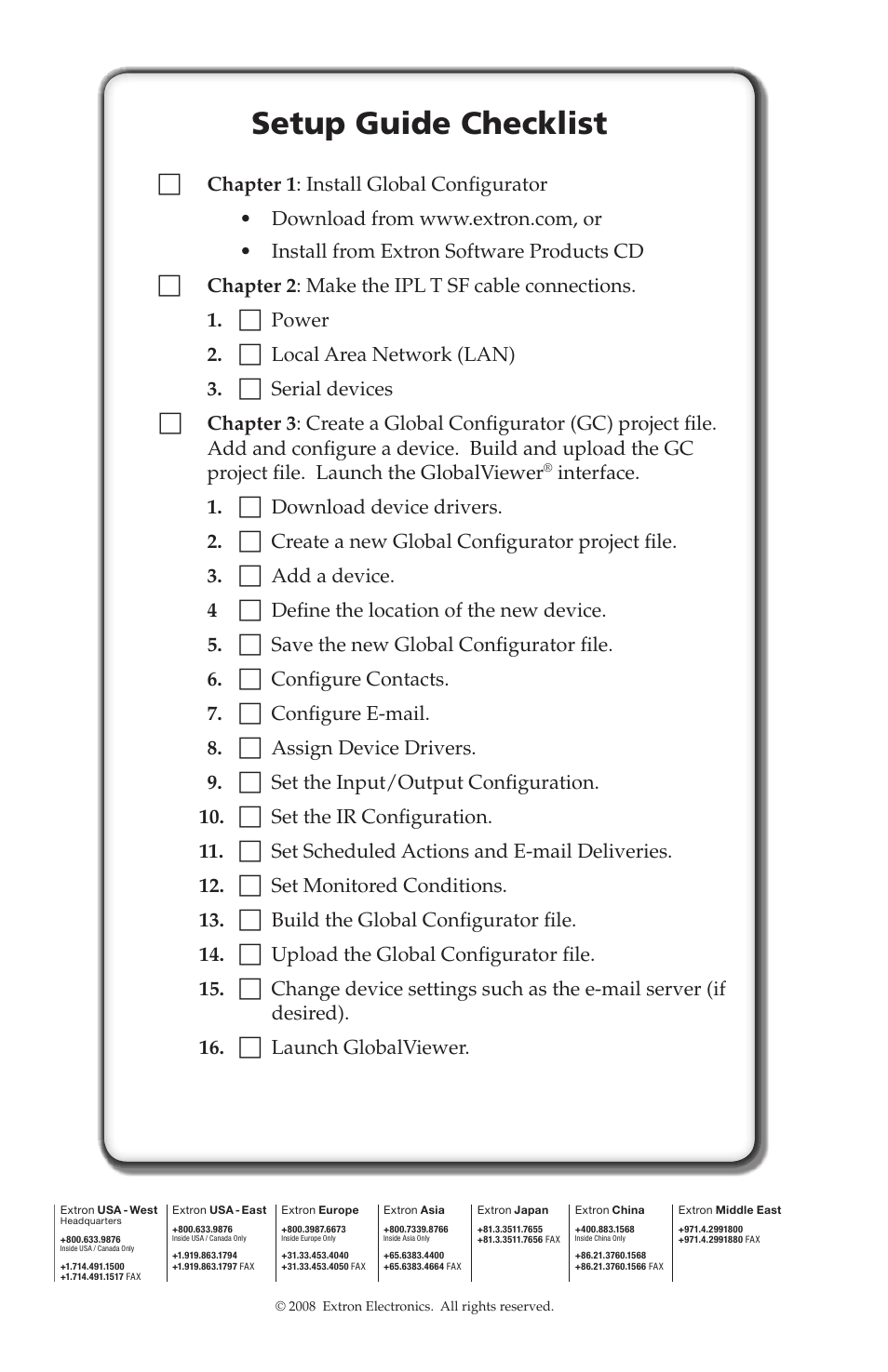 Setup guide checklist | Extron Electronics IPL T SF Series User Manual | Page 51 / 51