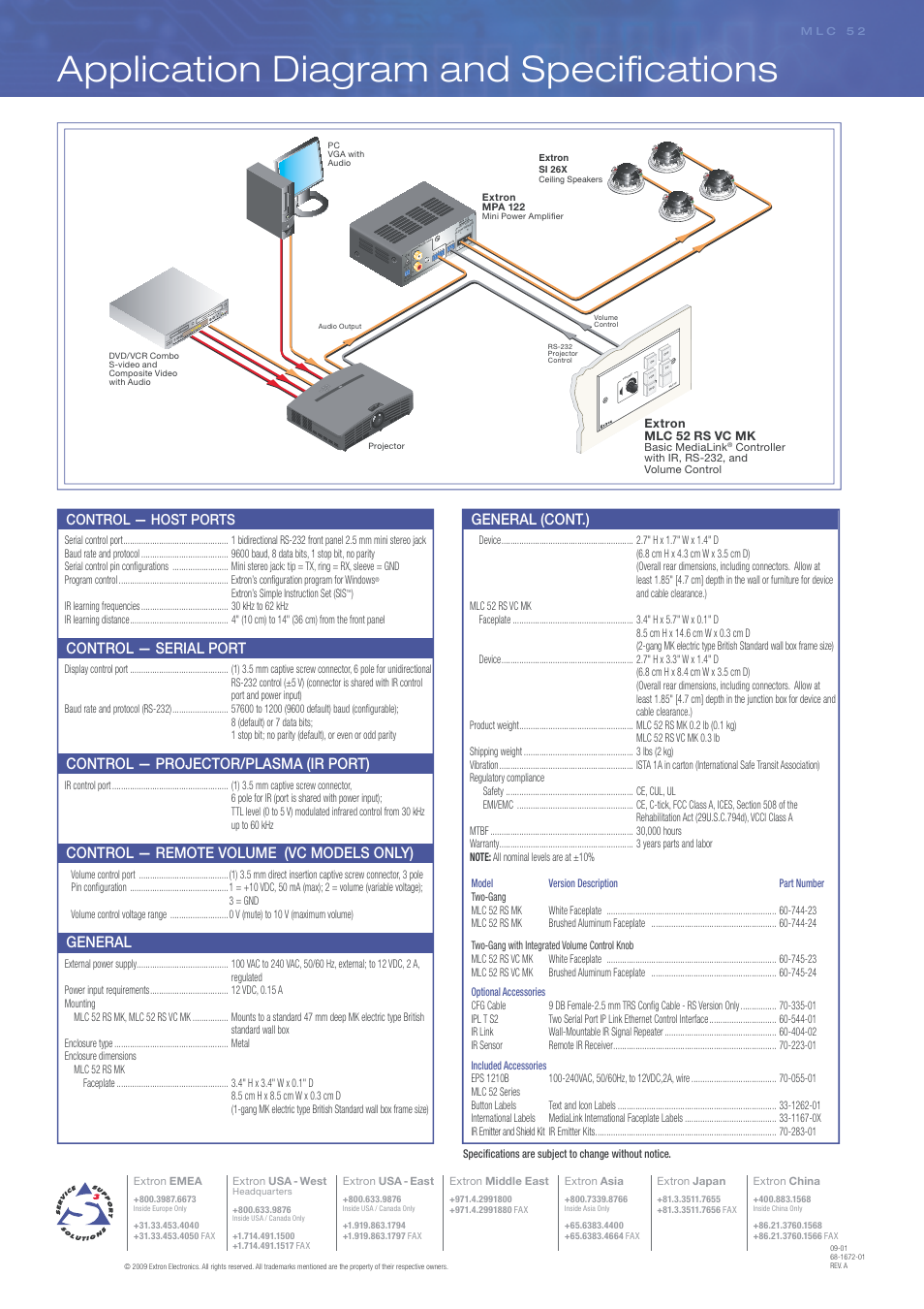 Application diagram and speciﬁ cations, Specifications, Control — serial port | Control — projector/plasma (ir port), Control — remote volume (vc models only), General, General (cont.), Control — host ports, 10v vol /mut e | Extron electronic MediaLink Controller MLC 52 RS MK User Manual | Page 4 / 4