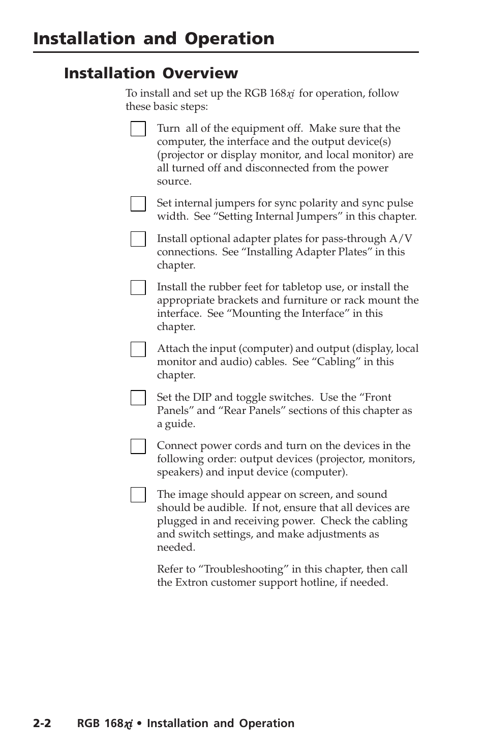 Installation and operation, Installation and operation, cont’d, Installation overview | Extron Electronics RGB 168xi User Manual | Page 12 / 40