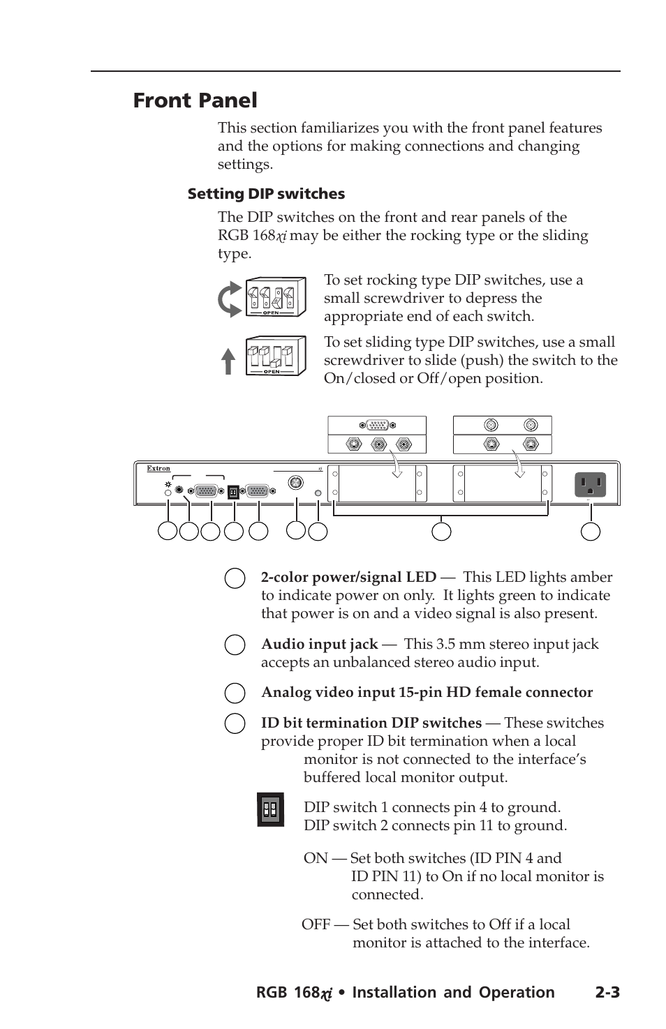 Front panel, Analog video input 15-pin hd female connector | Extron Electronics RGB 168xi User Manual | Page 13 / 40