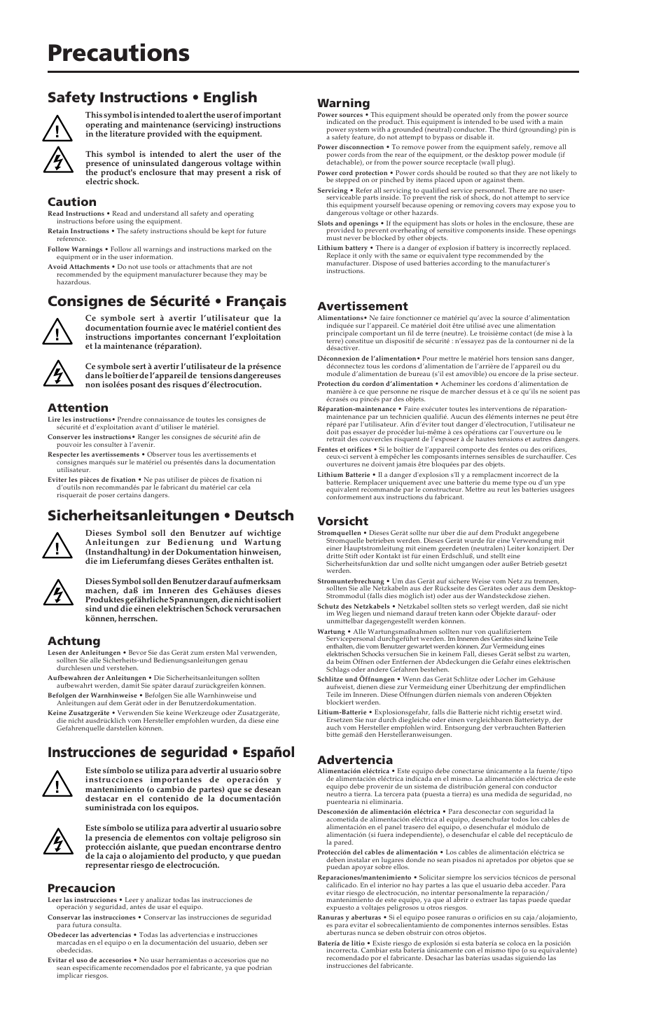 Precautions, Instrucciones de seguridad • español, Caution | Warning, Attention, Avertissement, Achtung, Vorsicht, Precaucion, Advertencia | Extron Electronics RGB 168xi User Manual | Page 2 / 40