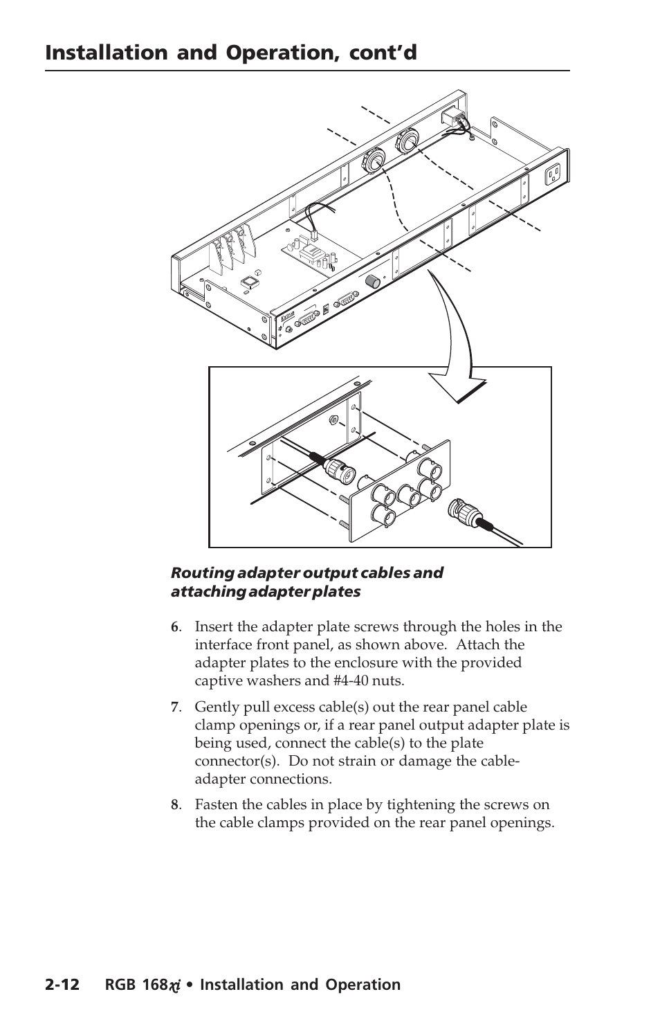 Installation and operation, cont’d, Adapter plate tighten nuts securely, Cable routing | Extron Electronics RGB 168xi User Manual | Page 22 / 40