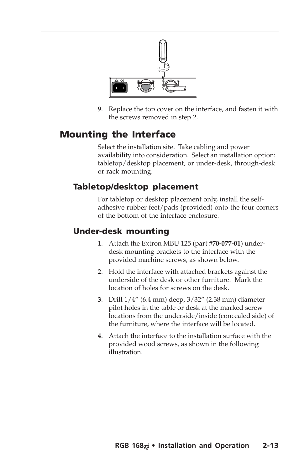 Mounting the interface, Tabletop/desktop placement, Under-desk mounting | Extron Electronics RGB 168xi User Manual | Page 23 / 40