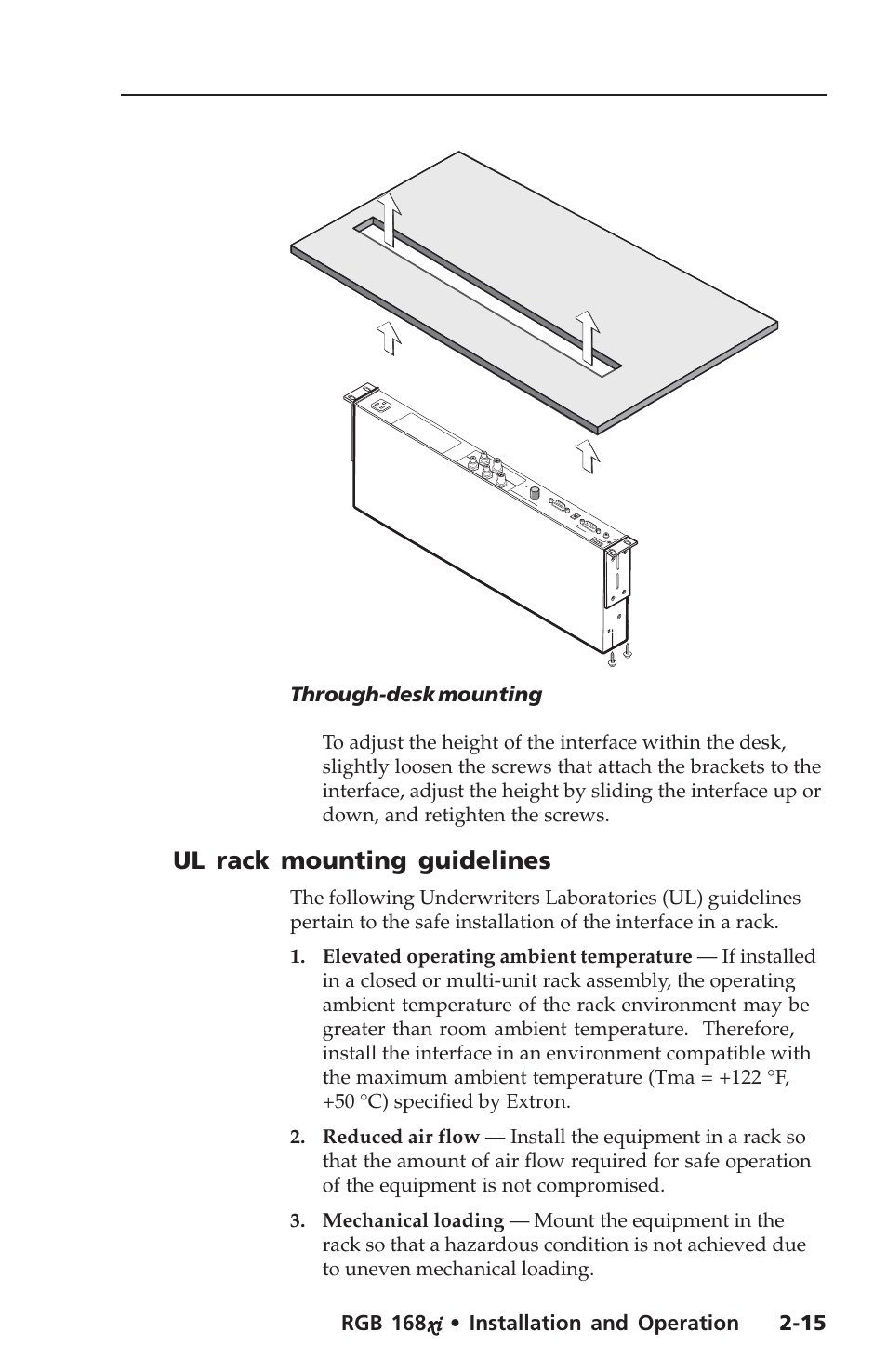 Ul rack mounting guidelines, Through-desk mounting | Extron Electronics RGB 168xi User Manual | Page 25 / 40