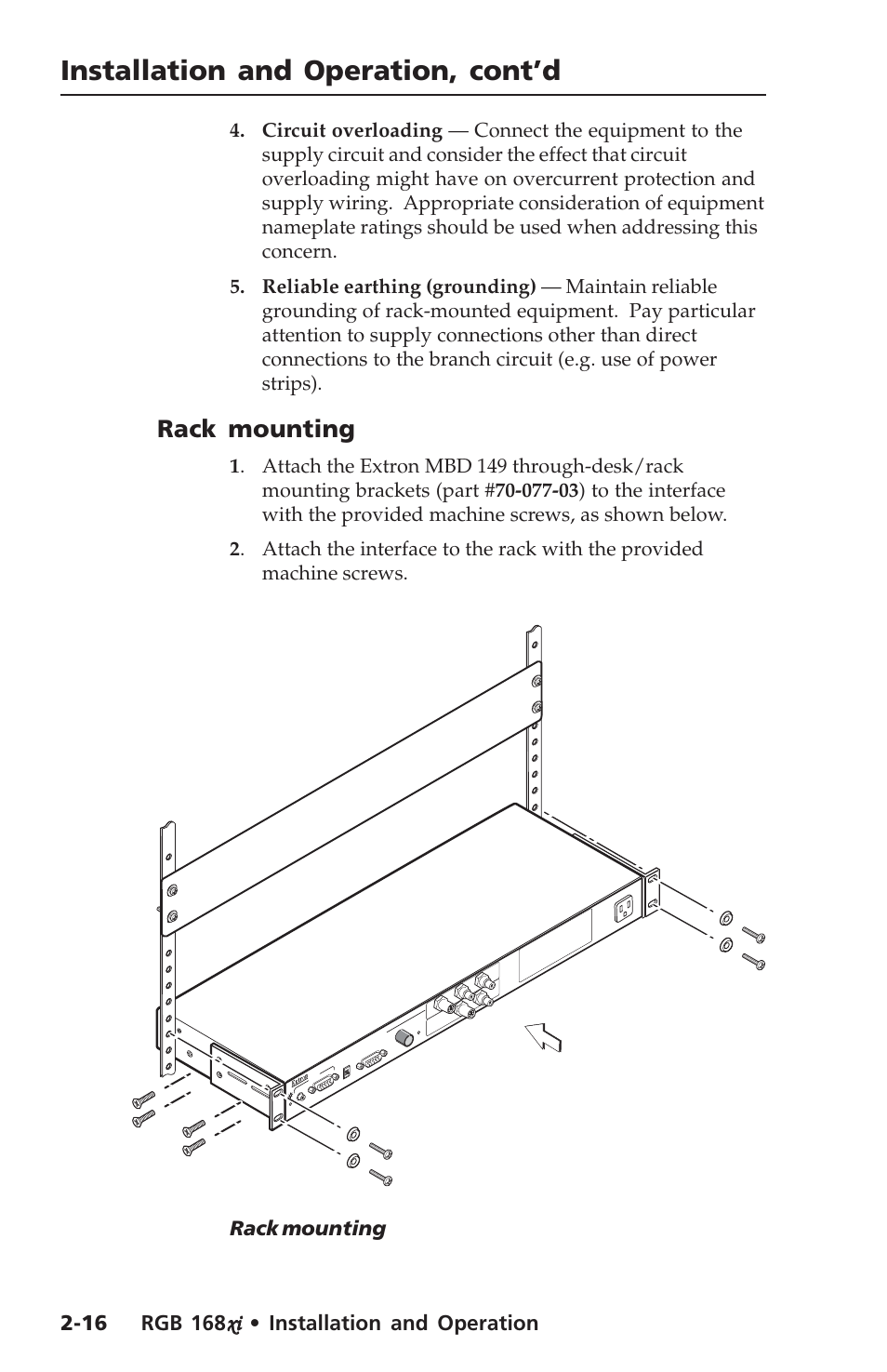 Installation and operation, cont’d, Rack mounting | Extron Electronics RGB 168xi User Manual | Page 26 / 40