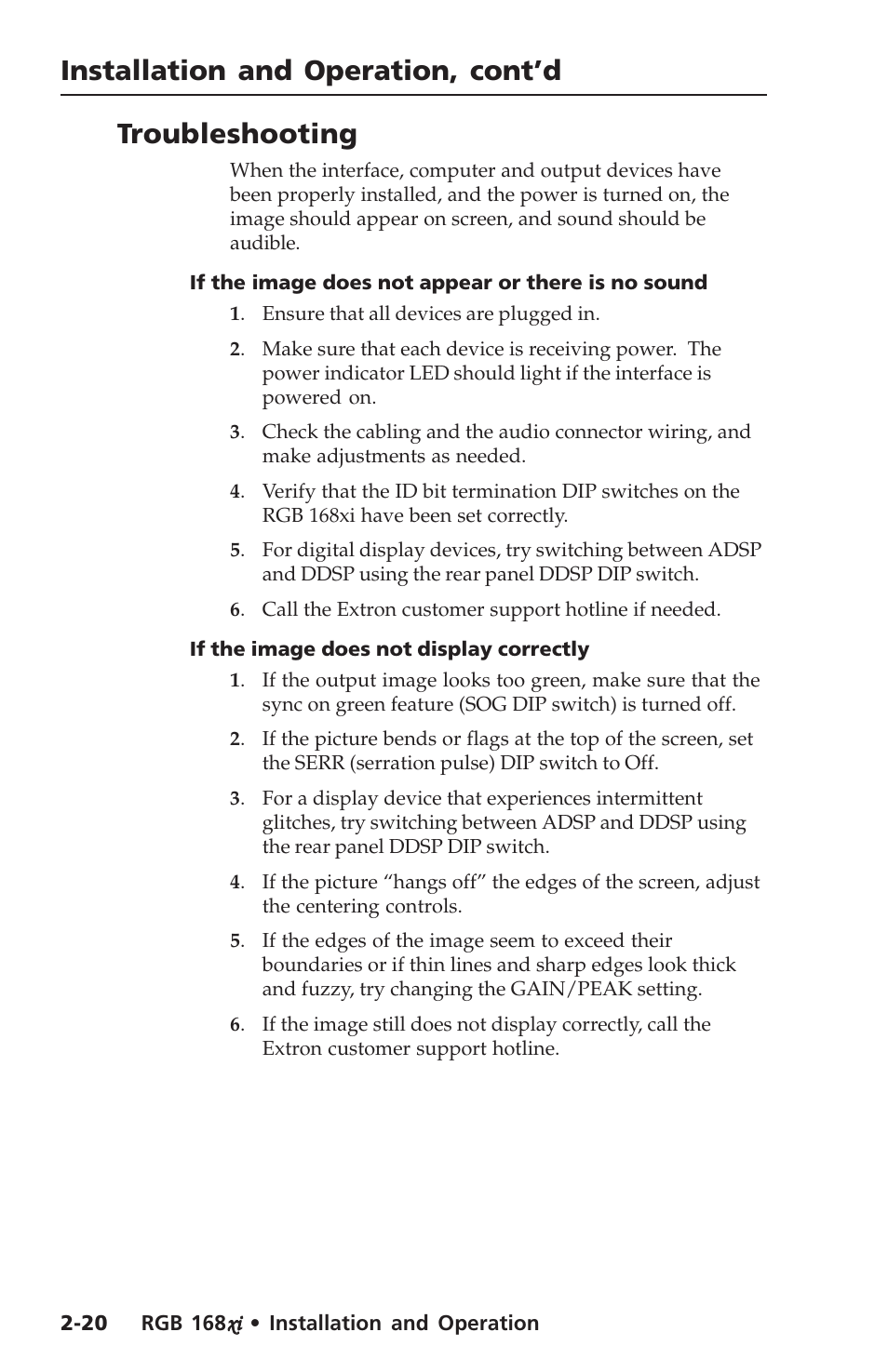 Installation and operation, cont’d, Troubleshooting | Extron Electronics RGB 168xi User Manual | Page 30 / 40