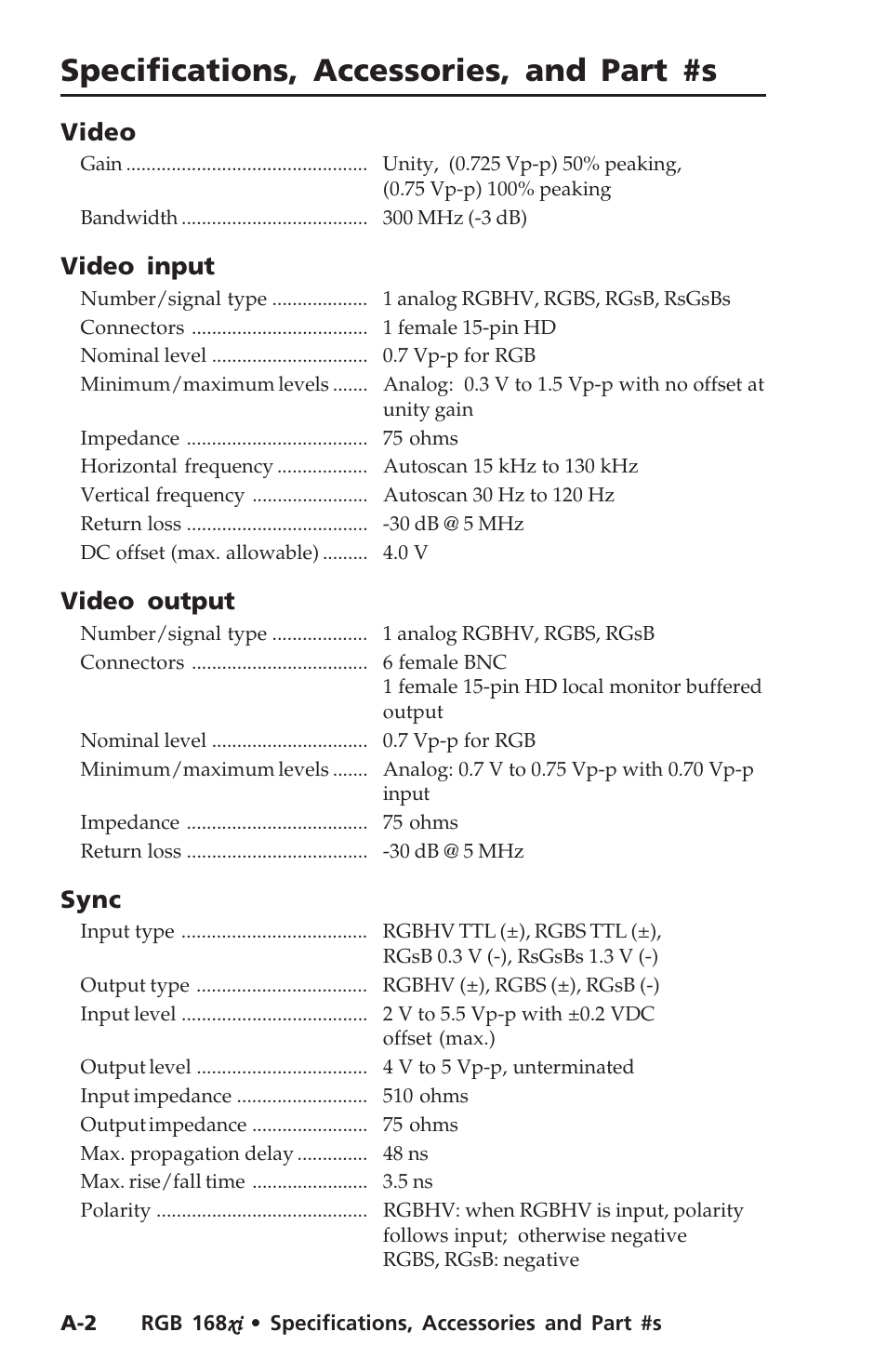 Specifications, accessories, and part #s, Specifications, cont’d | Extron Electronics RGB 168xi User Manual | Page 32 / 40