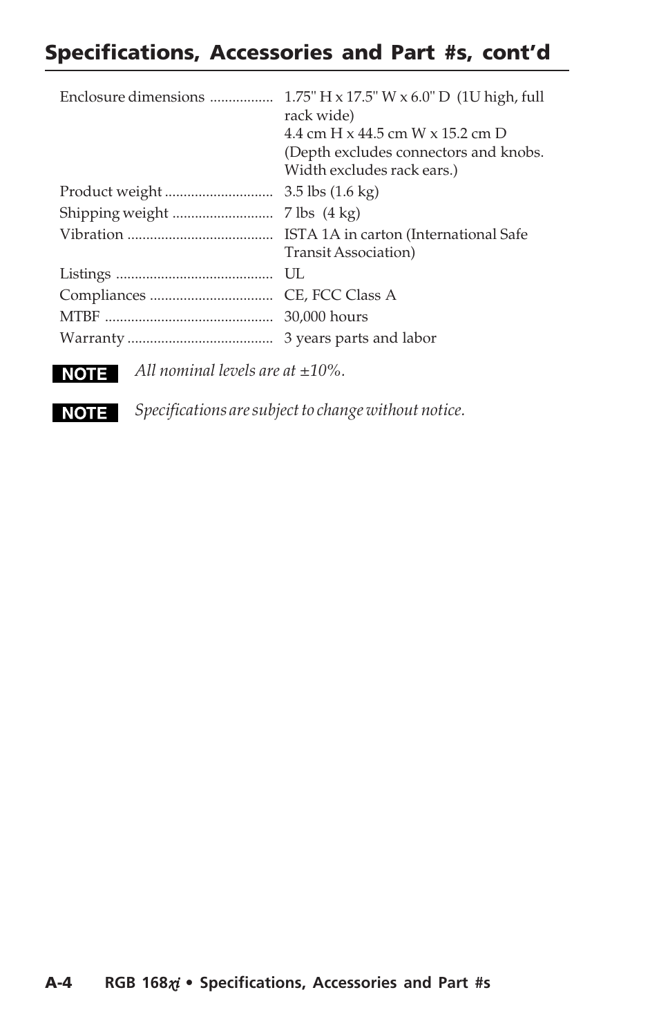 Specifications, accessories and part #s, cont’d | Extron Electronics RGB 168xi User Manual | Page 34 / 40