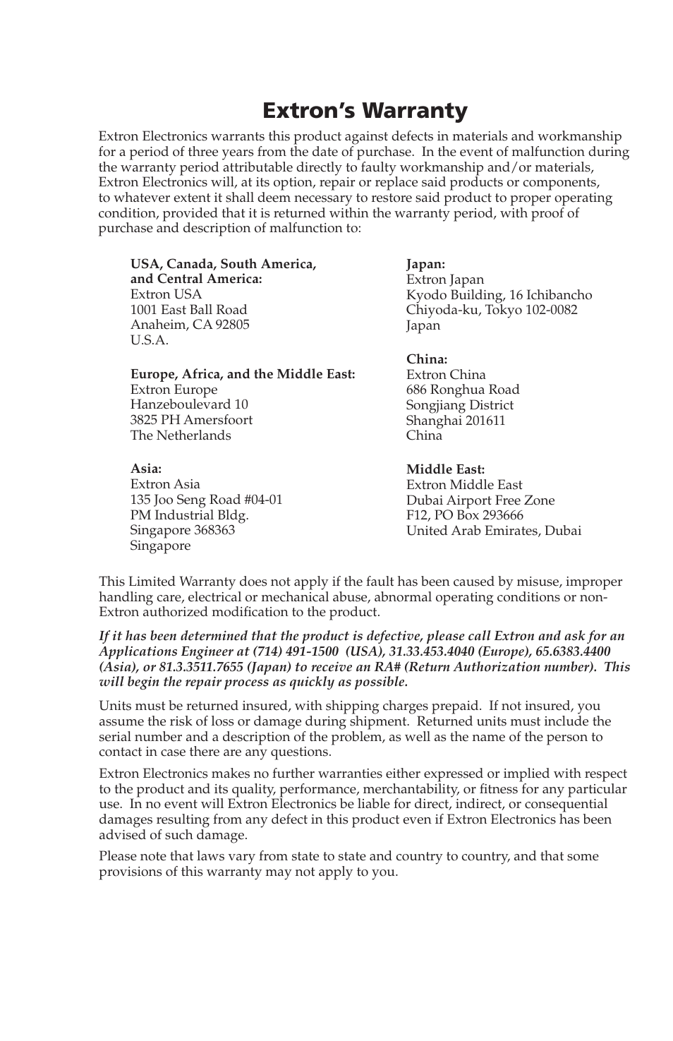 Extron’s warranty | Extron Electronics RGB 168xi User Manual | Page 39 / 40