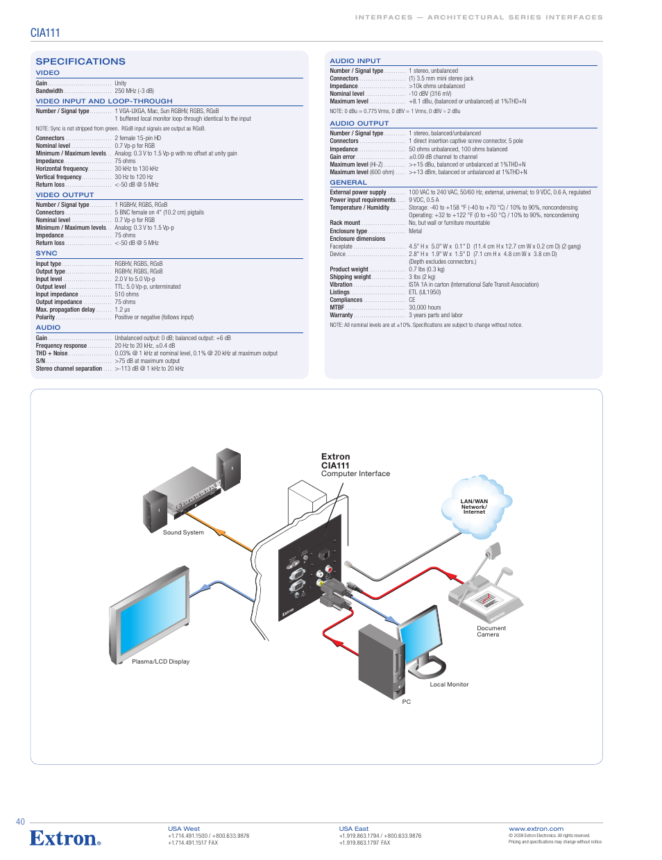 Cia111, Extron cia111, Specifications | Extron electronic CIA111 User Manual | Page 2 / 2