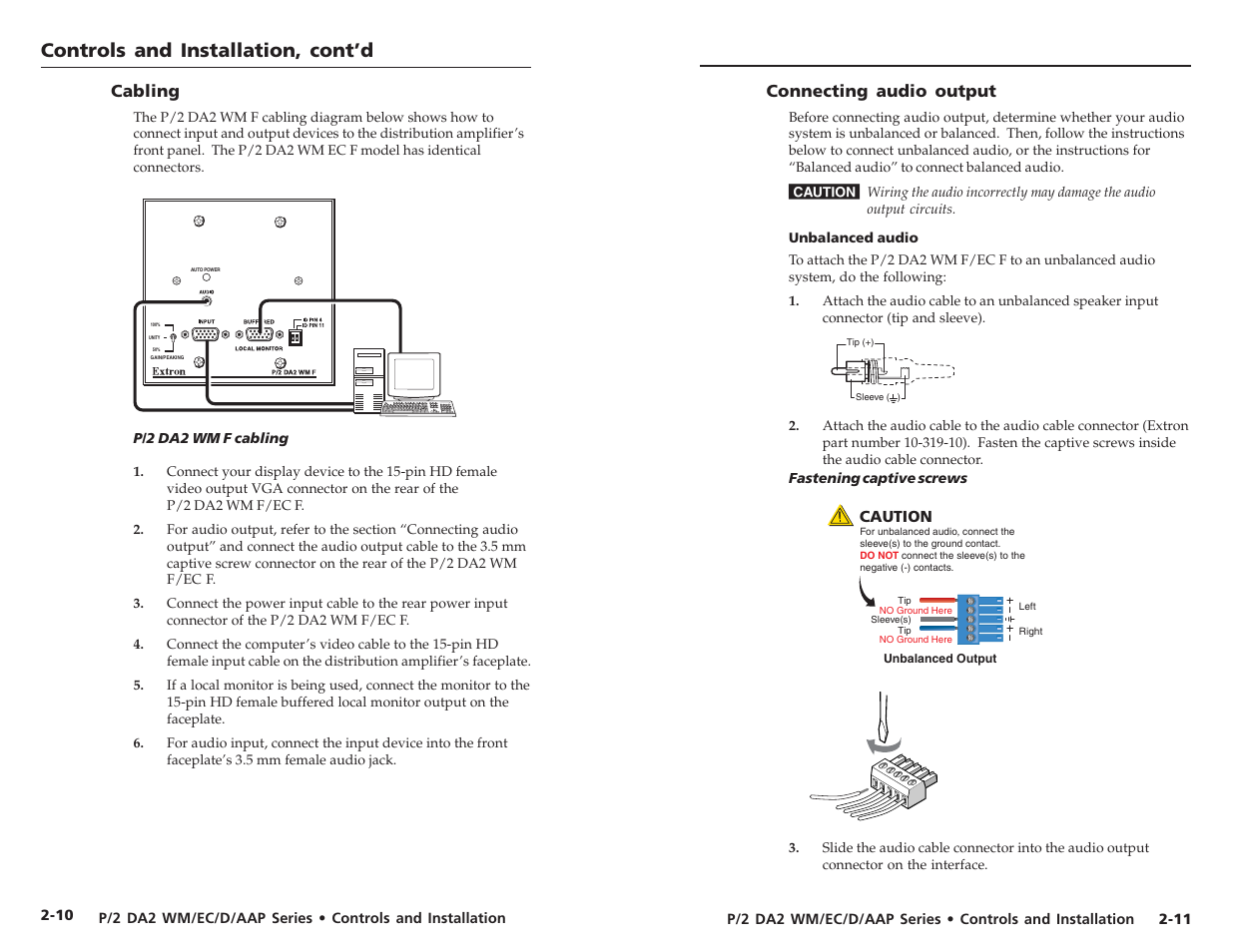 Controls and installation, cont’d, Connecting audio output, Cabling | Extron Electronics P-2 DA2 WM F, WM F AAP, EC F, D User Manual | Page 11 / 25