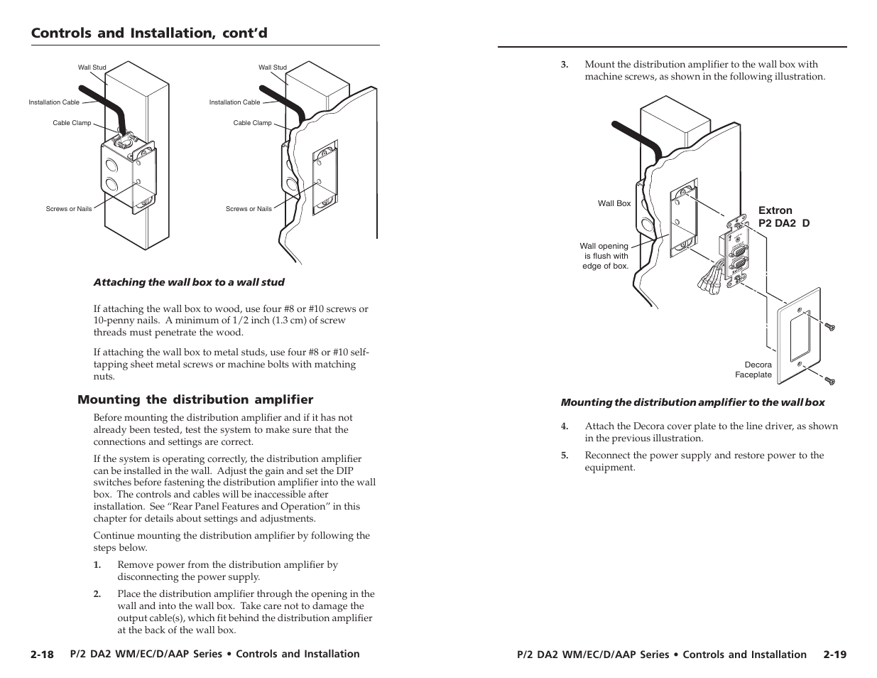 Controls and installation, cont’d, Audio in computer in monit or out | Extron Electronics P-2 DA2 WM F, WM F AAP, EC F, D User Manual | Page 15 / 25