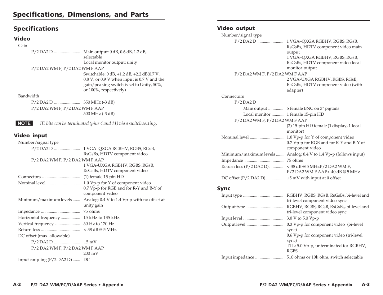 Specifications, dimensions, and parts, Specifications | Extron Electronics P-2 DA2 WM F, WM F AAP, EC F, D User Manual | Page 17 / 25