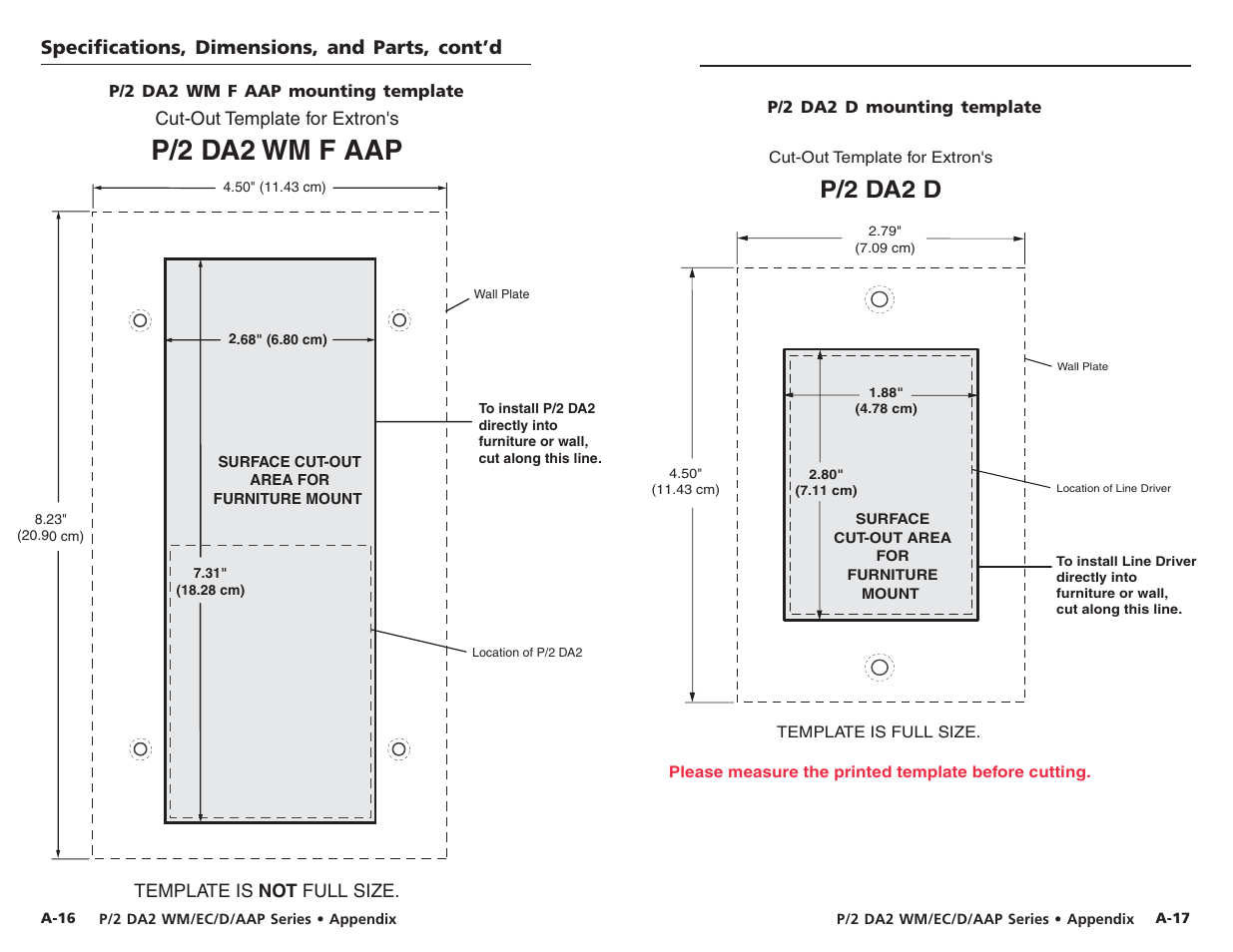 P/2 da2 wm f aap, P/2 da2 d, Specifications, dimensions, and parts, cont’d | Extron Electronics P-2 DA2 WM F, WM F AAP, EC F, D User Manual | Page 24 / 25