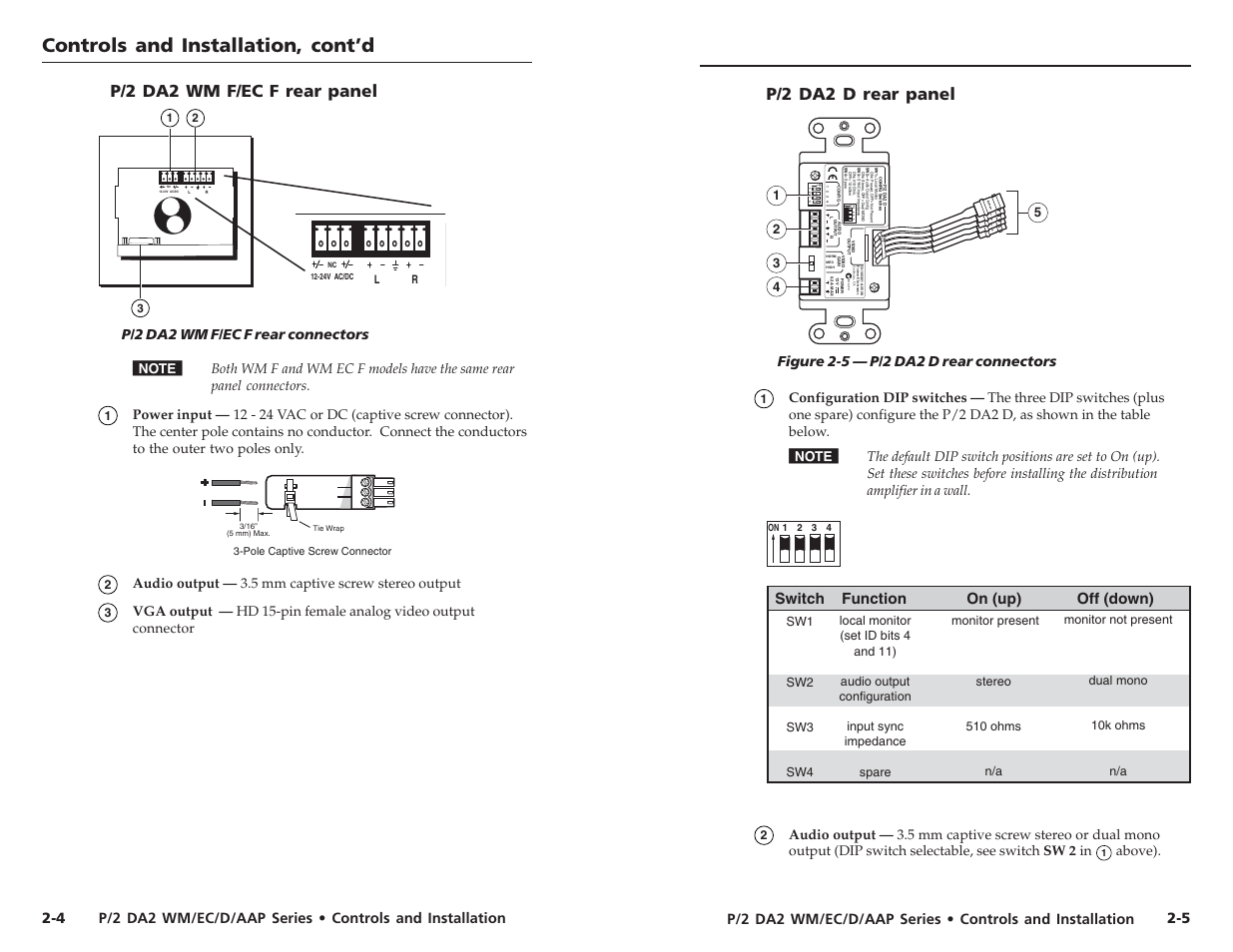 Controls and installation, cont’d, On 1 2 3 4, P/2 da2 wm f/ec f rear panel | P/2 da2 d rear panel, P/2 da2 wm f/ec f rear connectors, Figure 2-5 — p/2 da2 d rear connectors, Switch function on (up) off (down), Audio output — 3.5 mm captive screw stereo output, Above) | Extron Electronics P-2 DA2 WM F, WM F AAP, EC F, D User Manual | Page 8 / 25