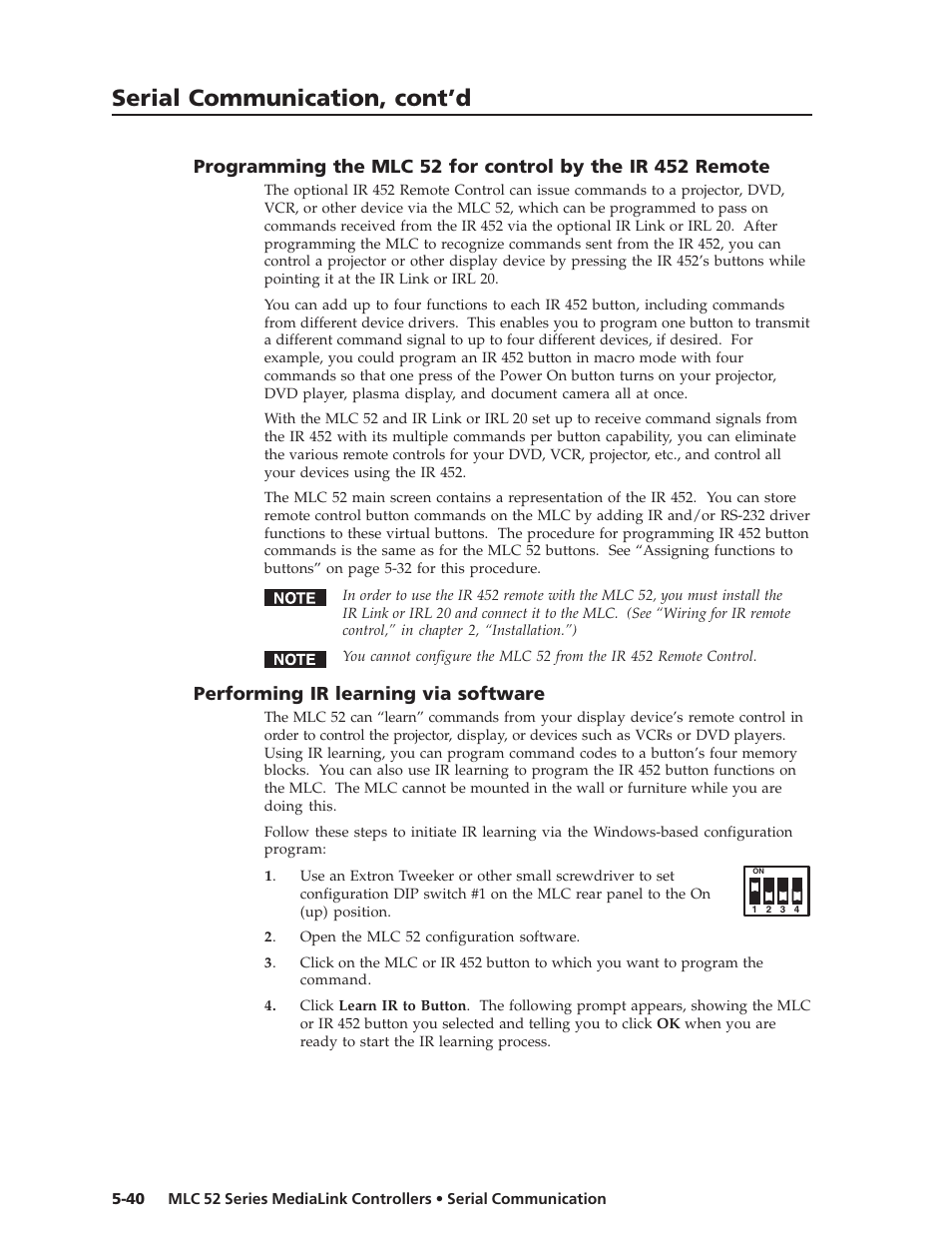 Serial communication, cont’d, Performing ir learning via software | Extron electronic MEDIALINK MLC 52 User Manual | Page 100 / 124