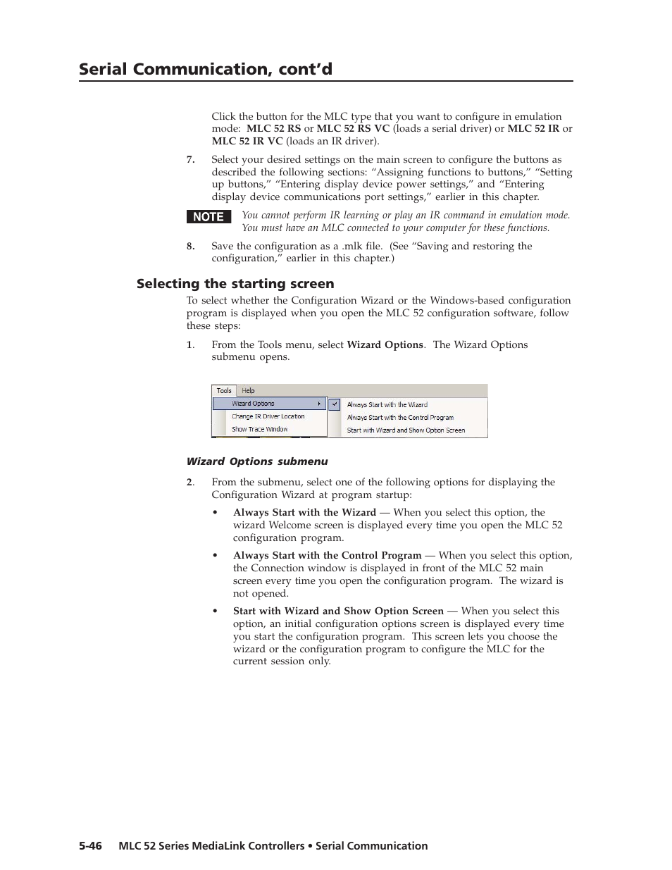 Serial communication, cont’d, Selecting the starting screen | Extron electronic MEDIALINK MLC 52 User Manual | Page 106 / 124