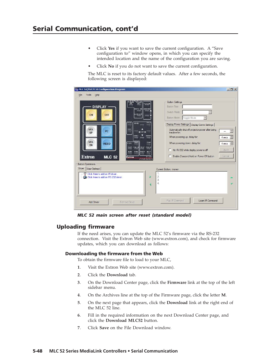 Serial communication, cont’d, Uploading firmware | Extron electronic MEDIALINK MLC 52 User Manual | Page 108 / 124