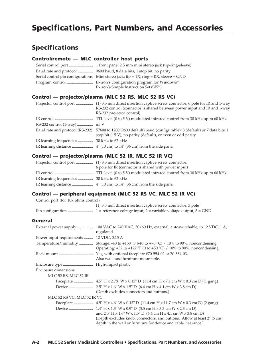 Specifications, part numbers, and accessories, Specifications | Extron electronic MEDIALINK MLC 52 User Manual | Page 116 / 124
