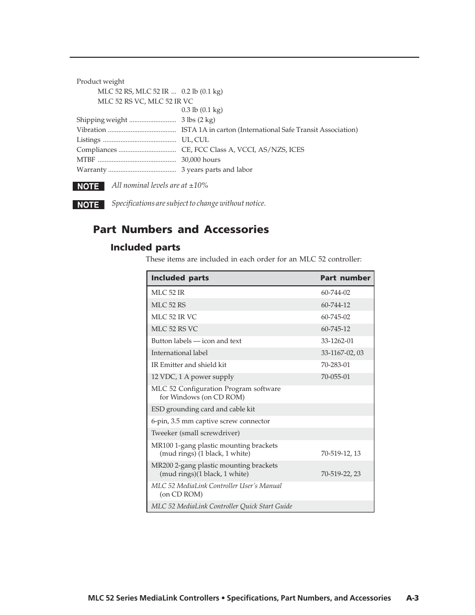 Part numbers and accessories, Included parts | Extron electronic MEDIALINK MLC 52 User Manual | Page 117 / 124