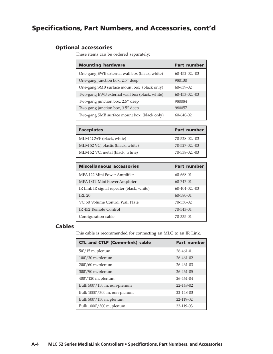 Optional accessories, Cables | Extron electronic MEDIALINK MLC 52 User Manual | Page 118 / 124