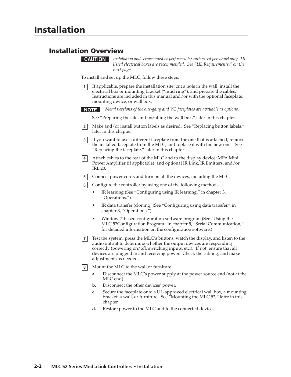 Installation, Installation overview | Extron electronic MEDIALINK MLC 52 User Manual | Page 12 / 124