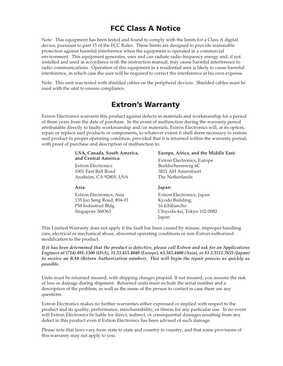 Fcc class a notice, Extron’s warranty | Extron electronic MEDIALINK MLC 52 User Manual | Page 123 / 124