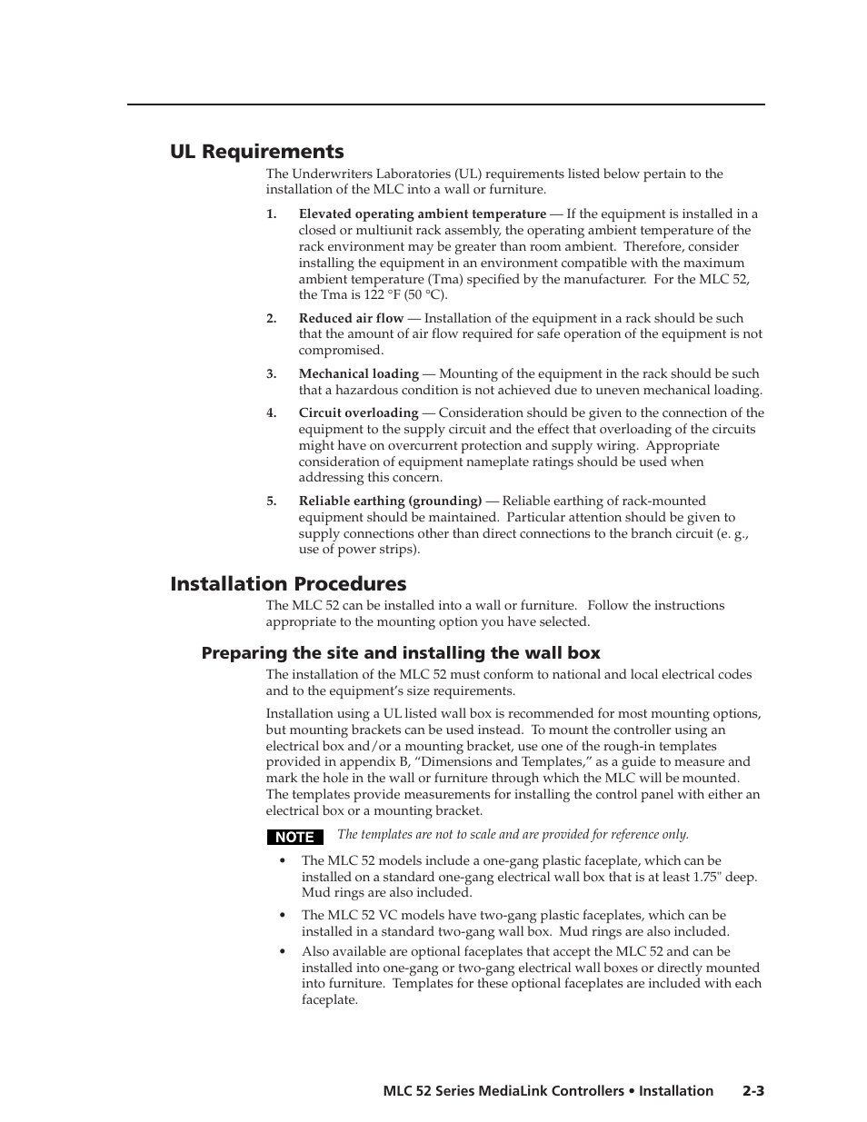Ul requirements, Installation procedures | Extron electronic MEDIALINK MLC 52 User Manual | Page 13 / 124