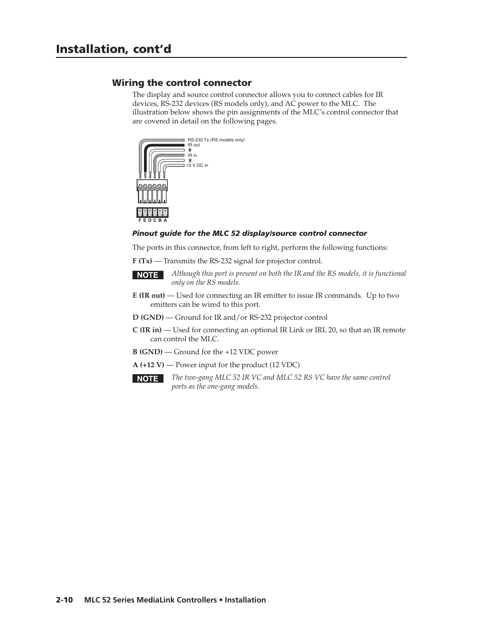 Installation, cont’d, Wiring the control connector | Extron electronic MEDIALINK MLC 52 User Manual | Page 20 / 124