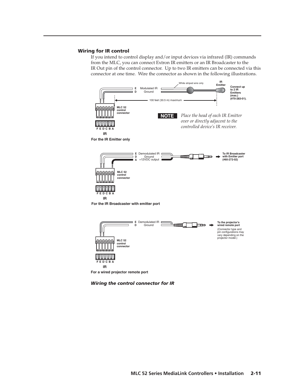 Wiring the control connector for ir | Extron electronic MEDIALINK MLC 52 User Manual | Page 21 / 124