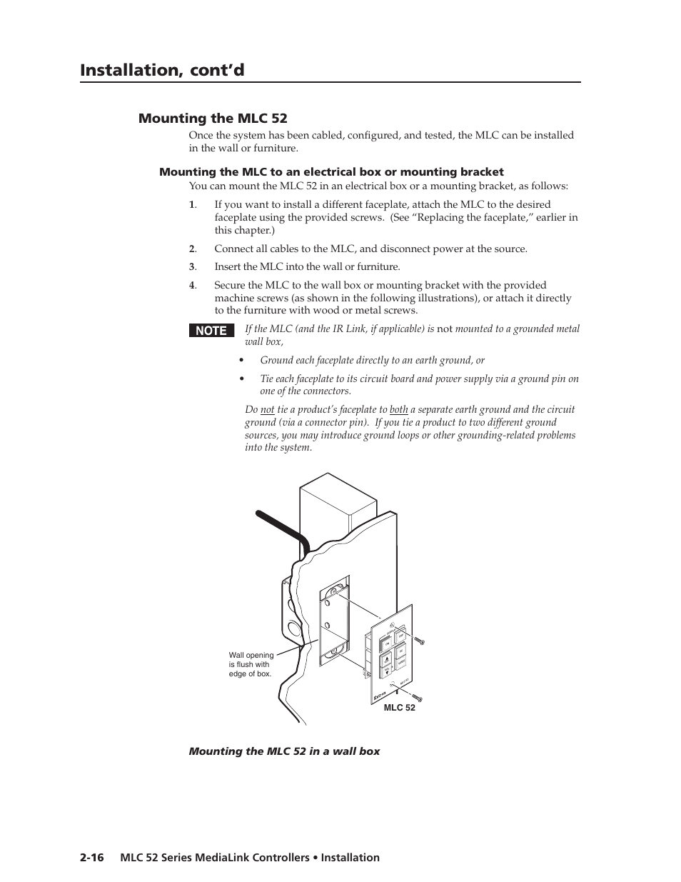 Installation, cont’d, Mounting the mlc 52, Mounting the mlc 52 in a wall box | Extron electronic MEDIALINK MLC 52 User Manual | Page 26 / 124