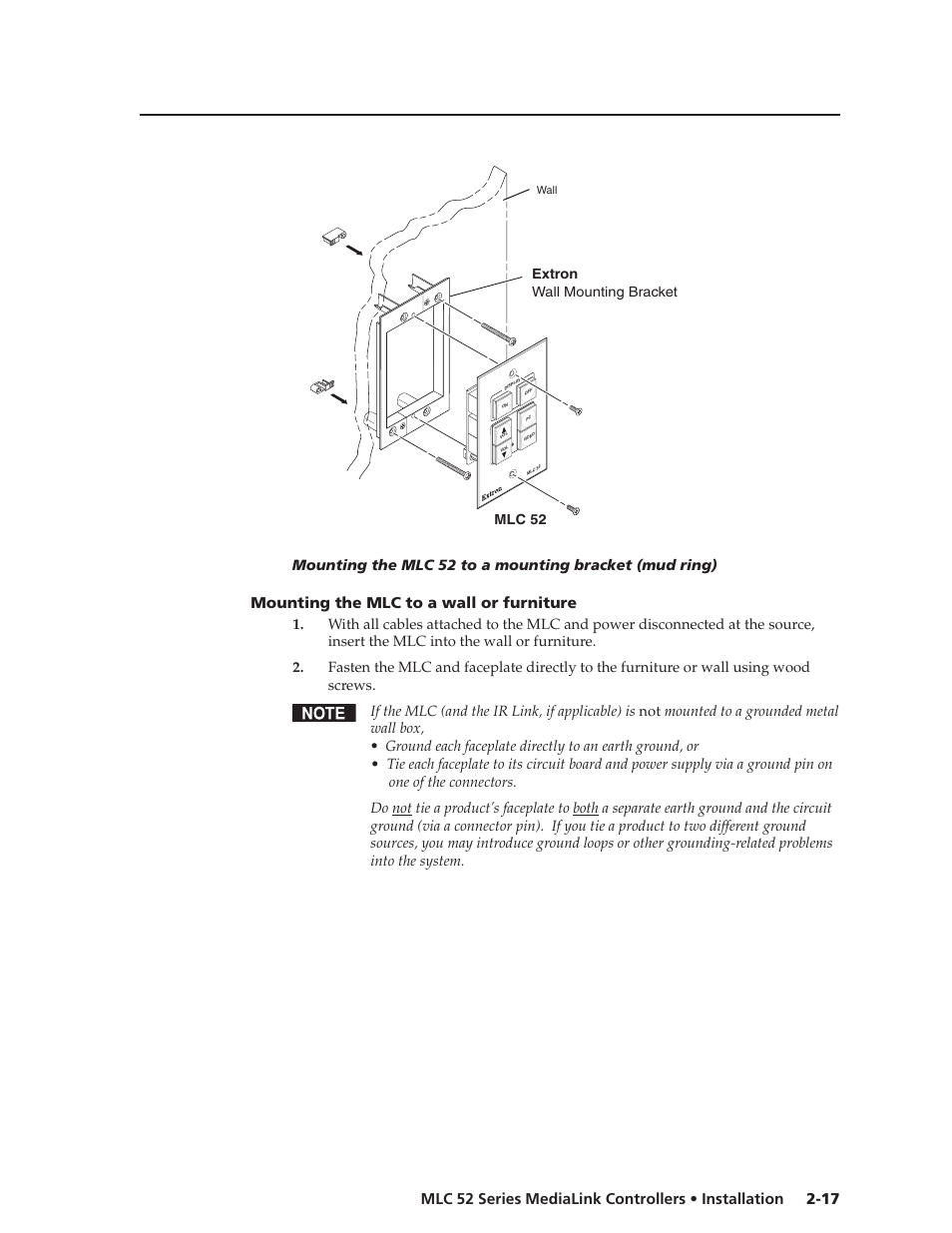 Mounting the mlc to a wall or furniture, Extron wall mounting bracket mlc 52 | Extron electronic MEDIALINK MLC 52 User Manual | Page 27 / 124