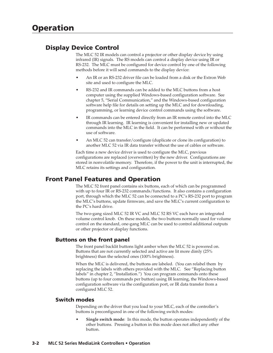 Operation, Display device control, Front panel features and operation | Extron electronic MEDIALINK MLC 52 User Manual | Page 30 / 124