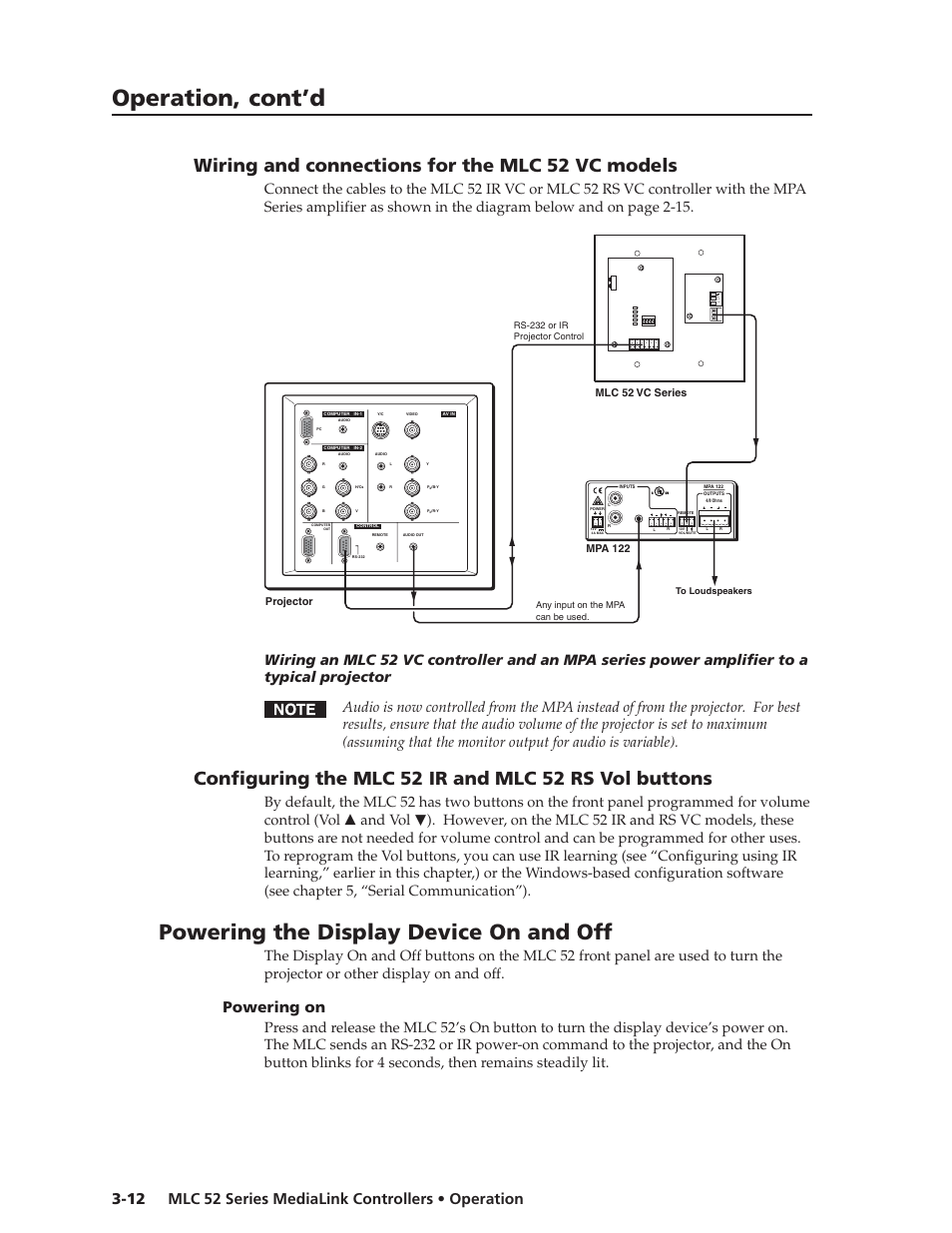 Operation, cont’d, Powering the display device on and off, Wiring and connections for the mlc 52 vc models | Powering on, Vol/ mute + 10v 1, On 2 3 4, And vol | Extron electronic MEDIALINK MLC 52 User Manual | Page 40 / 124